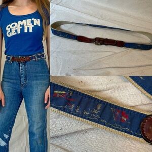 Vintage 80s Blue & Brown Leatherman LTD Scuba Snorkel Novelty Brass Belt size M